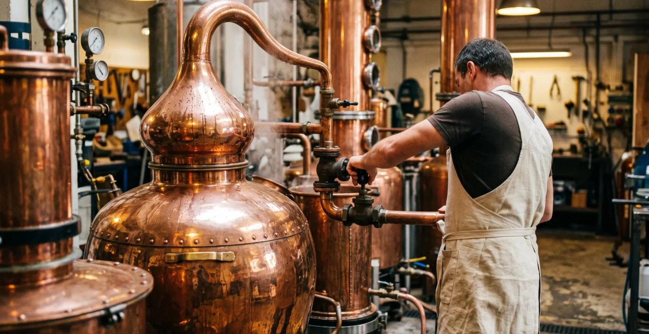 Alambics en cuivre rouge en fonctionnement dans une distillerie française, maître distillateur ajustant une valve, vapeur visible