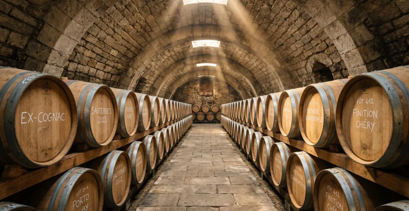 Chai voûté en pierre d'une distillerie française avec rangées de fûts de chêne empilés portant inscriptions Ex-Cognac, Sauternes et Porto, éclairage naturel zénithal