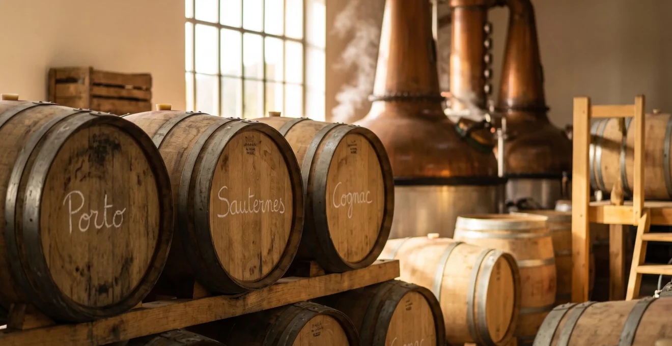 Fûts de chêne empilés dans une distillerie française avec inscriptions manuscrites Porto, Sauternes et Cognac, alambics en cuivre visible en arrière-plan, lumière naturelle dorée