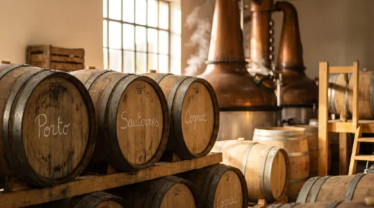Fûts de chêne empilés dans une distillerie française avec inscriptions manuscrites Porto, Sauternes et Cognac, alambics en cuivre visible en arrière-plan, lumière naturelle dorée