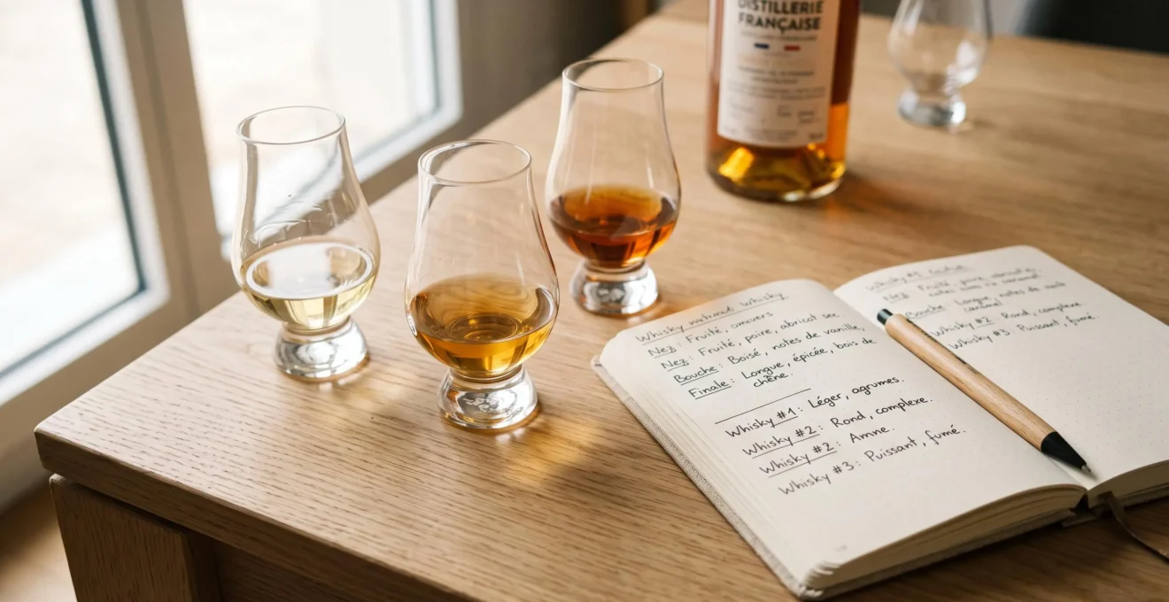 Trois verres de dégustation contenant whiskies français de couleurs différentes sur table en chêne clair, cahier de notes manuscrites ouvert, lumière naturelle